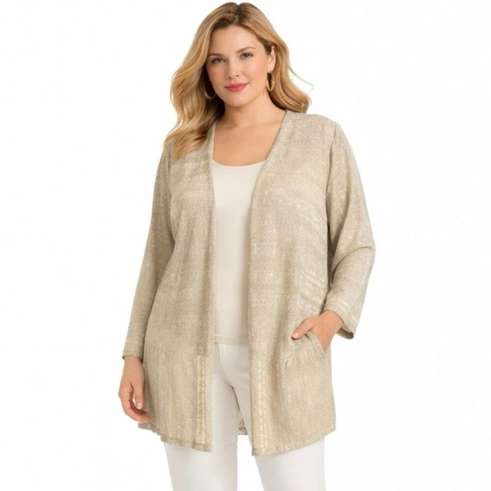 JM Collection Woman 1X-2X Beige Open Front Duster Cardigan Textured Sequin Soft